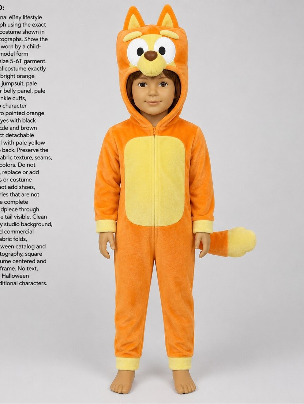 Bluey Bingo Costume Kids 5 6T Orange Plush Jumpsuit Hood Tail Halloween